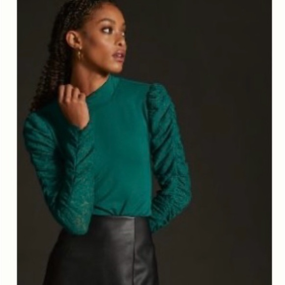 ✨ NWT! Anthropologie Maeve Green Ruched-Sleeve Blouse